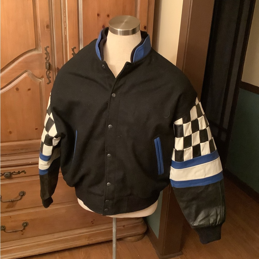 Burks Bay Wool and Leather Racing Checkered Flag Varsity Jacket Large